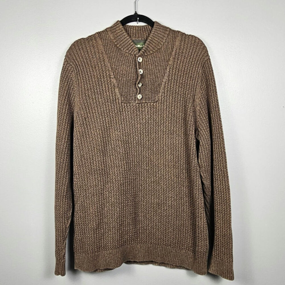 Eddie Bauer XL Fisherman Core Brown Waffle‎ Knit Henley Cotton Pullover Sweater